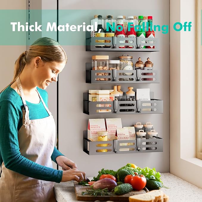 4 Pack Magnetic Spice Rack for Refrigerator, Black Magnetic Shelf and Fridge Kitchen Storage Cabinet Organizers Seasoning Organization Mini Shelves, Organizadores de Cocina