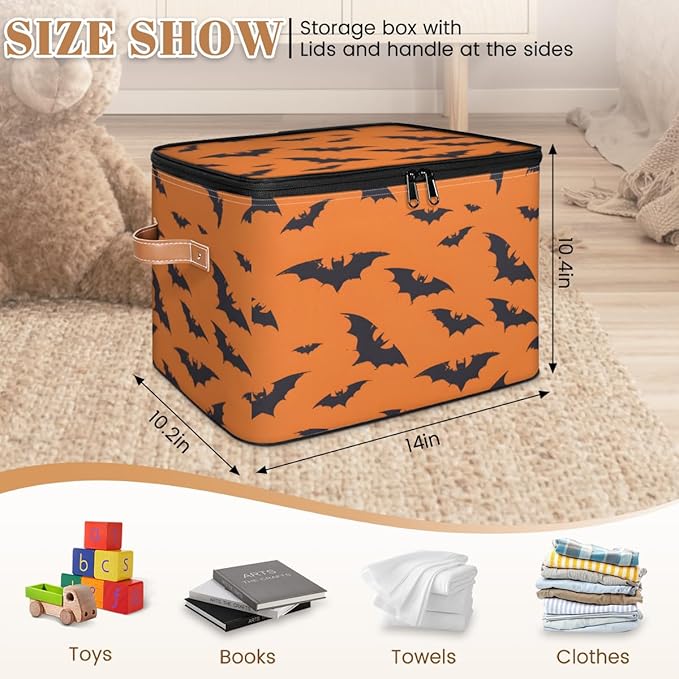 Halloween Bat Storage Bins with Lids, Black Orange Fabric Storage Boxes with Zipper, Collapsible Decorative Closet Organizer Cube for Clothes,Organizing, Shelves-NeatNest