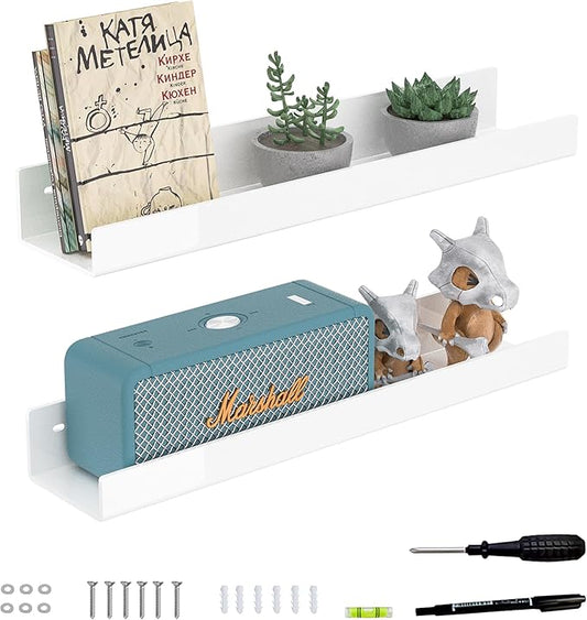 18 Inches White Acrylic Wall Display Shelf 2 Pack, Wall Shelves Organizer for Books, Bottles, Small Plants, Picture Frames, Spice, Wine, Décor, Figures-NeatNest