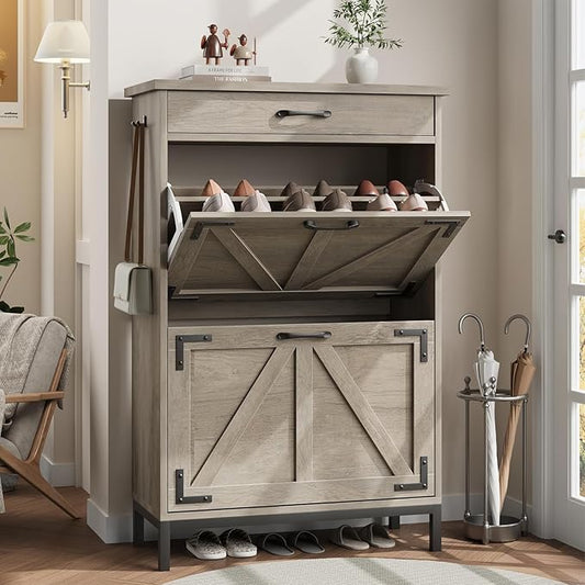 Shoe Storage Cabinet with 2 Flip Drawers, Narrow Shoe Cabinet for Entryway with 1 Top Drawer, Freestanding Hidden Shoe Rack Cabinet with Metal Legs for Foyer, Hallway (Grey)-NeatNest