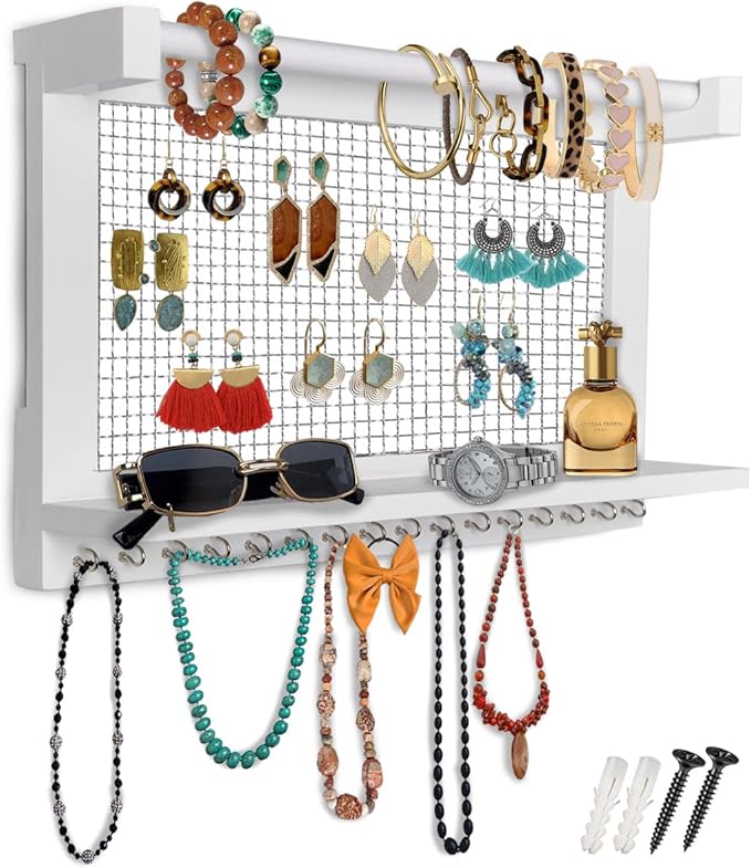 Comfify Rustic Jewelry Organizer - Wall Mounted Jewelry Holder w/Removable Bracelet Rod, Shelf & 16 Hooks - Perfect Earrings, Necklaces & Bracelets Holder - Pure White-NeatNest