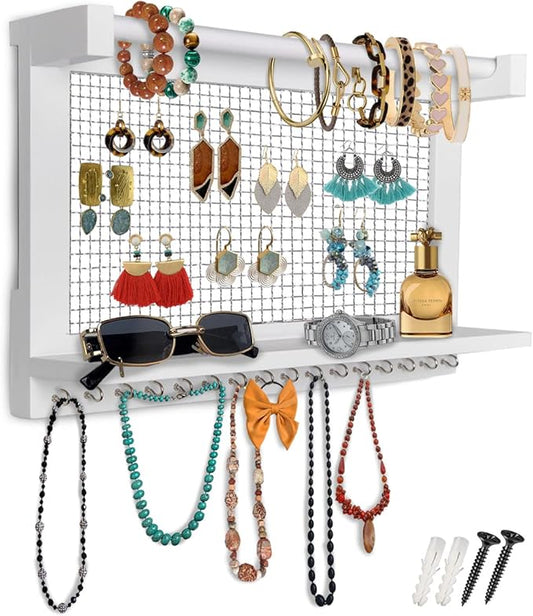 Comfify Rustic Jewelry Organizer - Wall Mounted Jewelry Holder w/Removable Bracelet Rod, Shelf & 16 Hooks - Perfect Earrings, Necklaces & Bracelets Holder - Pure White-NeatNest