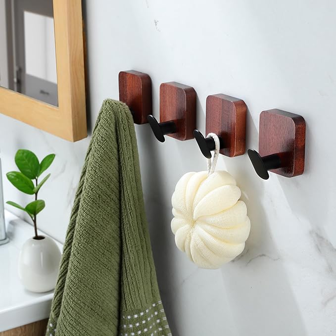 DELITON Acacia Wooden Towel Hooks Red Brown, 4 Pack Sticky Hooks for Hanging Towels, Coat, Hat, Robe, Heavy Duty, No Damage-NeatNest