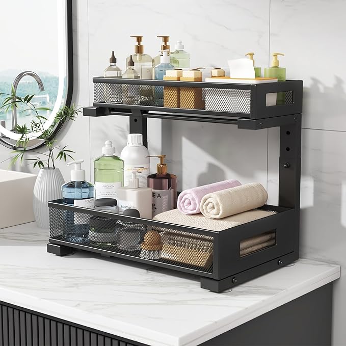 2-Pack Under Sink Storage Organizer, Large 2-Tier Elegant Mesh Pull Out Shelf for Kitchen and Bathroom Cabinet Organization, L-Shaped and Adjustable Height Design,Patent Pending-Black-NeatNest