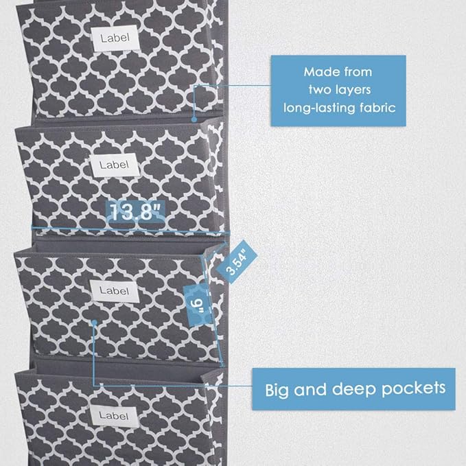 homyfort Over the Door File Organizer, Hanging File Folders, Wall Organizers and Storage for Mail, Magazine, Notebooks, Planners, Office, Classroom, 5 Extra Large Pockets (Grey Lantern Pattern)-NeatNest