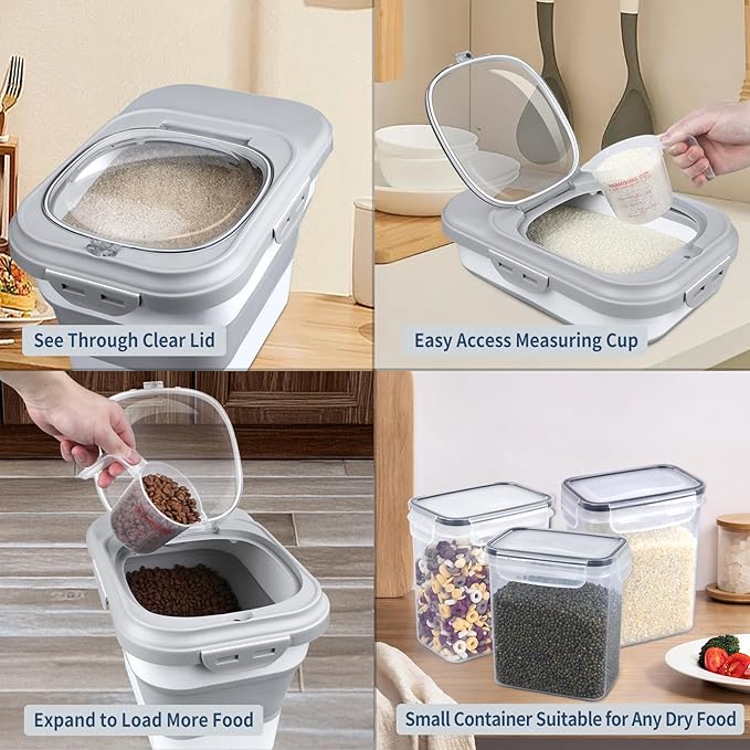 Rice Storage Container, Collapsible Airtight Food Storage Containers 6-20 Lbs, Rice Dispenser with Measuring Cup and Small Bin for Flour Cereal Pasta Grain, Cat Pet Dog Bird Food Container