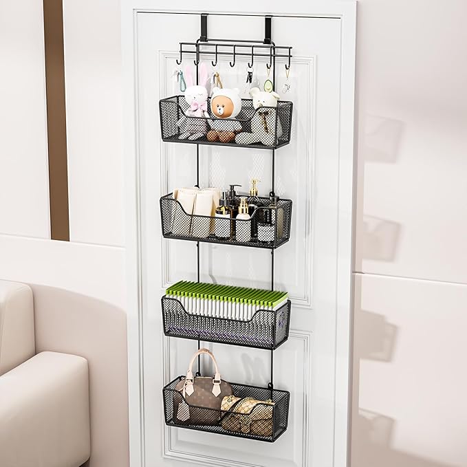 HapiRm Over The Door Organizer - Hanging Door Organizer with 4 Metal Large Capacity Baskets and Adjustable Coat Hook for Bathroom Bedroom Kitchen Pantry Closet Cabinet-NeatNest