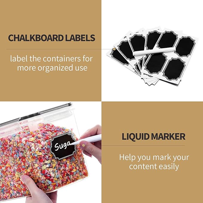 Wildone Airtight Food Storage Containers Cereal & Dry Food Storage Container Set of 6(Black Lid), Leak-proof & BPA Free, With 1 Measuring Cup & 20 Chalkboard Labels & 1 Chalk Marker-NeatNest