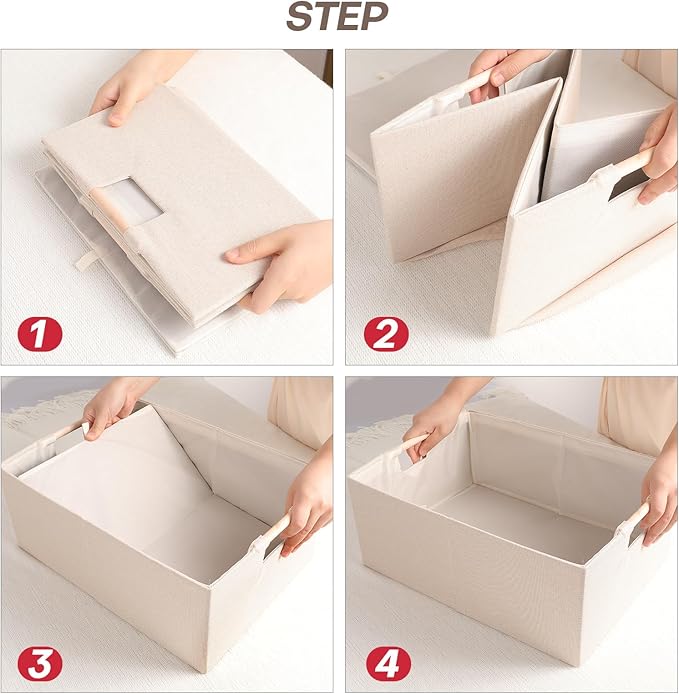 ANMINY 2PCS Storage Baskets for Organizing Collapsible Fabric Storage Bins Boxes with Wood Handles Closet Shelves Cube Organizer Bins Clothes Laundry Storage Container - Medium, Beige-NeatNest