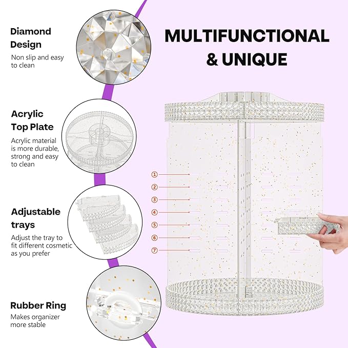 360 Degree Rotating Makeup Organizer, Extra Large Capacity Organizador De Maquillaje, Removable 7 Layers Lipstick Organizer Cosmetic Storage Cases Perfume Organizer for Vanity (Glitter)-NeatNest