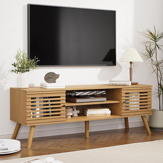 53" Mid Century Modern TV Stand for 50/55/60 inch TV, TV Media Console with Slatted Doors for TVs up to 60", Entertainment Center with Storage for Living Room, Bedroom, Oak-NeatNest
