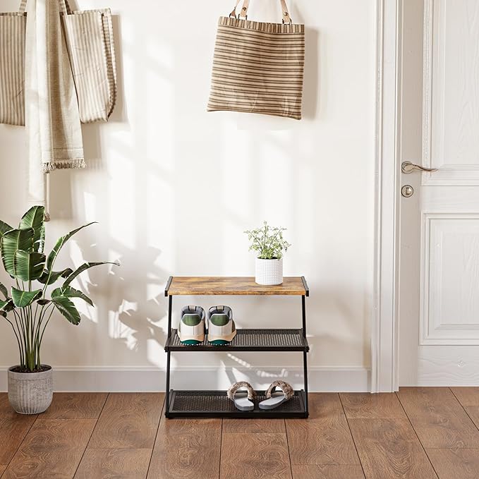 Shoe Rack, Z-Frame Wooden Shoe Shelf with Heavy-Duty Metal Mesh Shelves for Hallway, Living Room, Closet, and Bedroom Organization - Organize Your Shoes in Style (16.54" x 10.24" x 16.14")-NeatNest