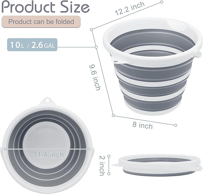 2 Pack Collapsible Bucket, 2.6 Gallon (10L) - Foldable Mop Bucket for House Cleaning, Car Washing, Camping - Portable Water Pail for Outdoor, RV, Travel (Grey, Round)-NeatNest