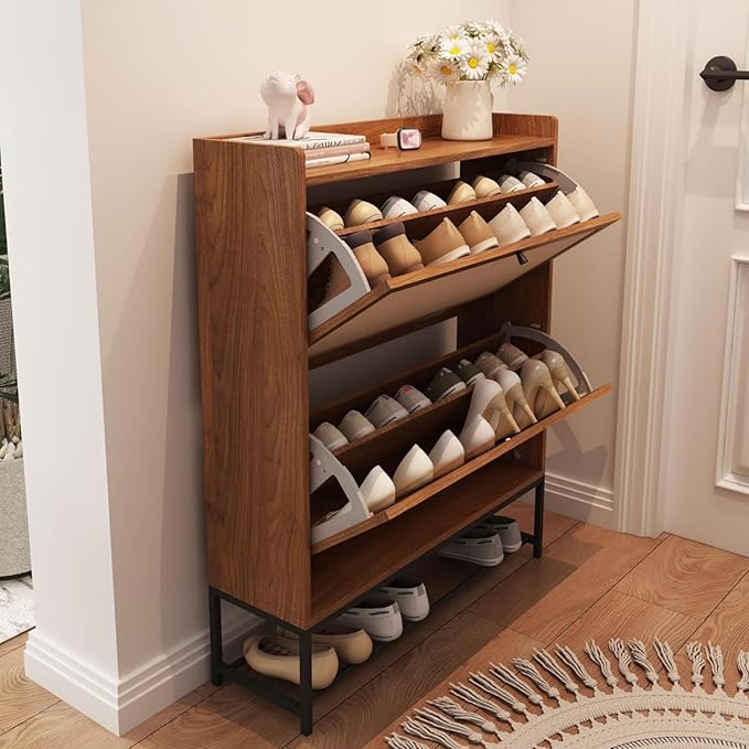 AVZEAR Narrow Shoe Storage Cabinet for Entryway with 2 Flip Drawers, Freestanding Shoe Cabinet with Natural Linen Panel, Slim Wood Shoe Organizer Closed Shoe Rack for Hallway, Foyer(Walnut)-NeatNest