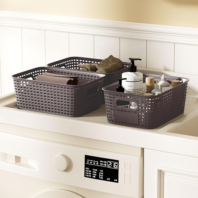 6-Pack Stackable Storage Bins with Bamboo Lids, Small 5 Qt Decorative Plastic Storage Baskets Boxes Containers with Labels for Organizing Shelves Classroom Closet Office Bathroom, Brown-NeatNest