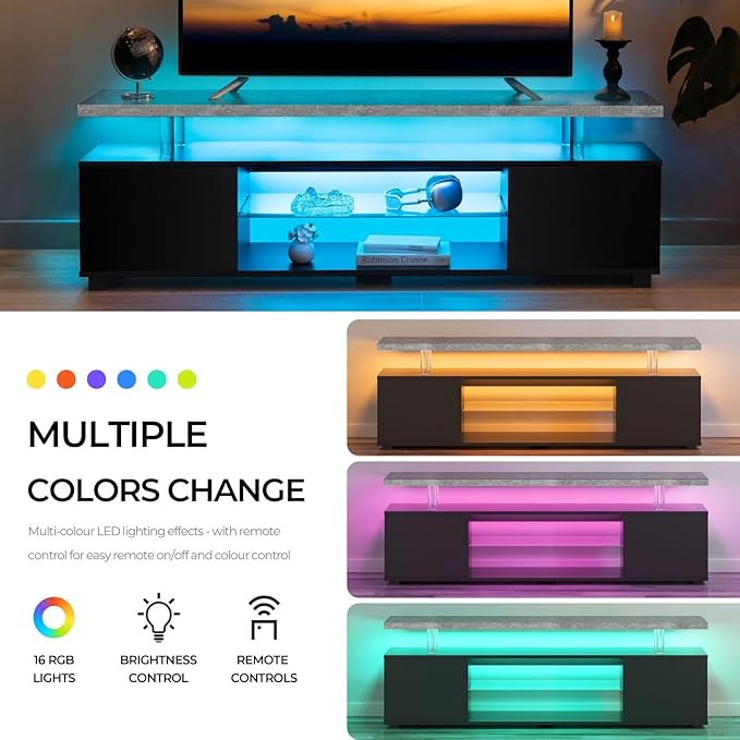 Grey TV Stand 65 inch,LED TV Stand for Living Room,Glass Entertainment Center TV, Grey and Black TV Console Tables for Living Room,Bedroom,Home Office-NeatNest