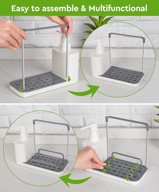 Hand and Dish Soap Dispenser Set with Tray, Dual Soap Dispenser with Sponge Holder and Dishcloth Holder 5-in-1 Organizer for Kitchen Sink Countertop Storage Organize - Useful Kitchen Gadgets (White)-NeatNest