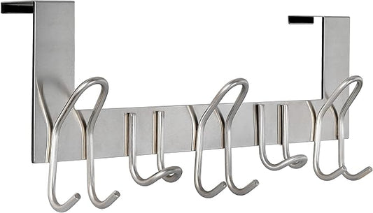 SKOLOO Over The Door Hooks - for Doors up to 1-3/4'' Thickness, Pack of 2, Metal Door Hanger with 11 Hooks, Over The Door Hanger for Coats, Hats, Towels, Silver