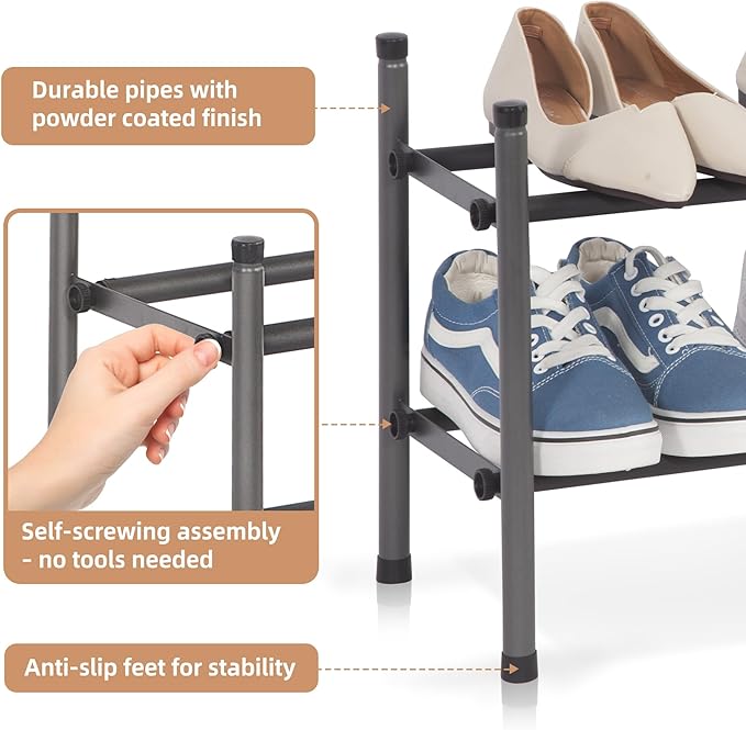 STORAGE MANIAC Expandable Shoe Rack, 8 Pairs Stackable Small Shoe Rack, Metal Adjustable Shoes Organizer for Closet, Entryway, Hallway, Garage, Front Door, Shoes Shelves, Black 2 Tier-NeatNest