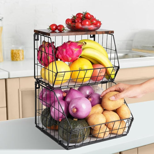 2 Tier Stackable Wall Mounted Hanging Basket, Fruit Basket for Kitchen Counter, Storage Bin with Wood Lid, Onion Storage, Fruit and Vegetable Storage, Countertop Organizer