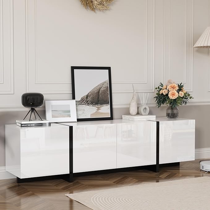 67" Wide High Gloss Modern TV Stand for 60/65/70/75 inch TV, Stylish Entertainment Center with Storage, Media Console for Living Room in White-NeatNest