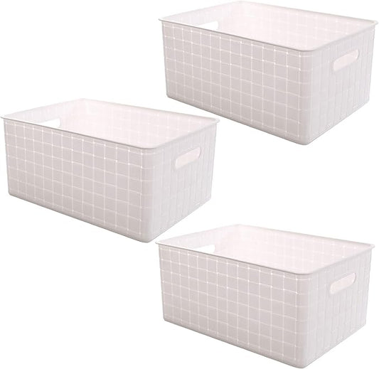 BINO | Plastic Basket, Large - White | 3 Pack | THE STABLE COLLECTION | Multi-Use Storage Basket | Rectangular Cabinet Organizer | Baskets for Organizing with Handles | Home & Office Storage Organizer-NeatNest