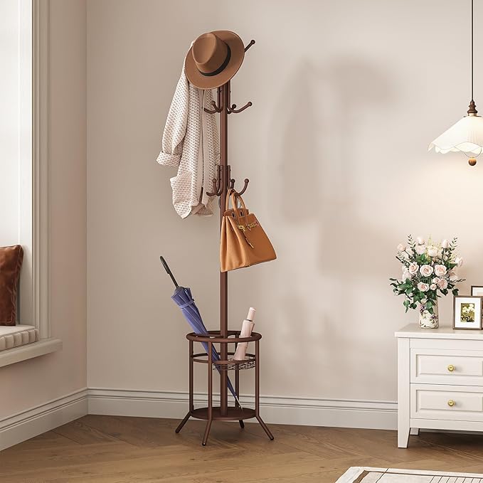 ELYKEN Coat Rack Freestanding, Metal Coat Rack Stand with Umbrella Holder, Modern Coat Tree with 12 Hooks, Floor Standing Corner Hall Tree for Entryway Living Room Bedroom Office, Brown-NeatNest