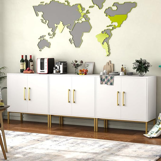JOZZBY Buffet Sideboard Cabinet with Storage, Modern Wooden Cabinet with Adjustable Shelves, White and Gold Cabinets for Living Room, Kitchen, Hallway, Set of 3