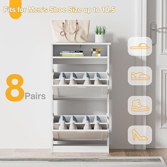 Shoe Storage Cabinet with 2 Flip Drawers & Top Cubby, Shoe Cabinet for Entryway Slim, Free Standing Shoe Rack Cabinet, Narrow Shoe Organizer for Entryway, Hallway, White-NeatNest