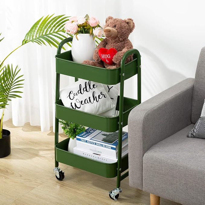 AGTEK Makeup Cart, Movable Rolling Organizer Cart, Bluish Green 3 Tier Metal Utility Cart-NeatNest