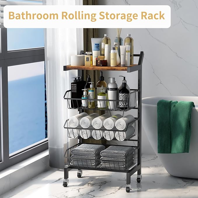 DGSNADGO Slim Rolling Storage Cart, 4-Tier Kitchen Cart on Wheels, Narrow Utility Cart with Handle and Wooden Tabletop for Small Space in Kitchen, Living Room, Bathroom, Laundry Room (Rustic Brown)