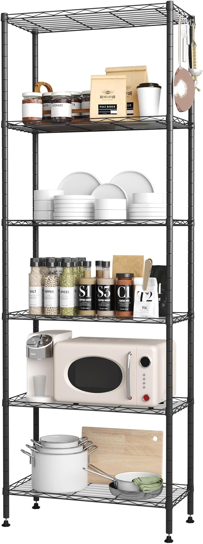 HOMEFORT 6-Shelving Unit, Adjustable Wire Shelving, Metal Wire Shelf Rack Organizer for Kitchen, Pantry, Closet, Bathroom, Laundry, Black,21" W x 11" D x 69" H