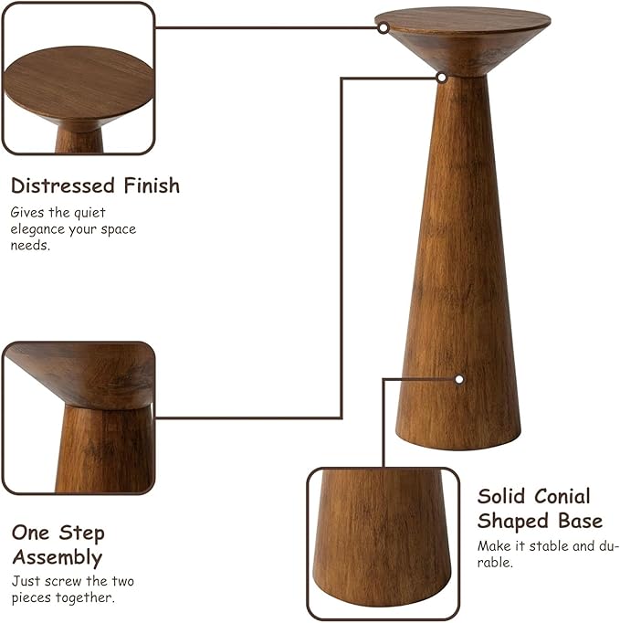 Farmhouse Tall Pedestal End Table Small Solid Wood Martini Table Plant Stand Modern Round Drink Table for Small Space Living Room, Walnut