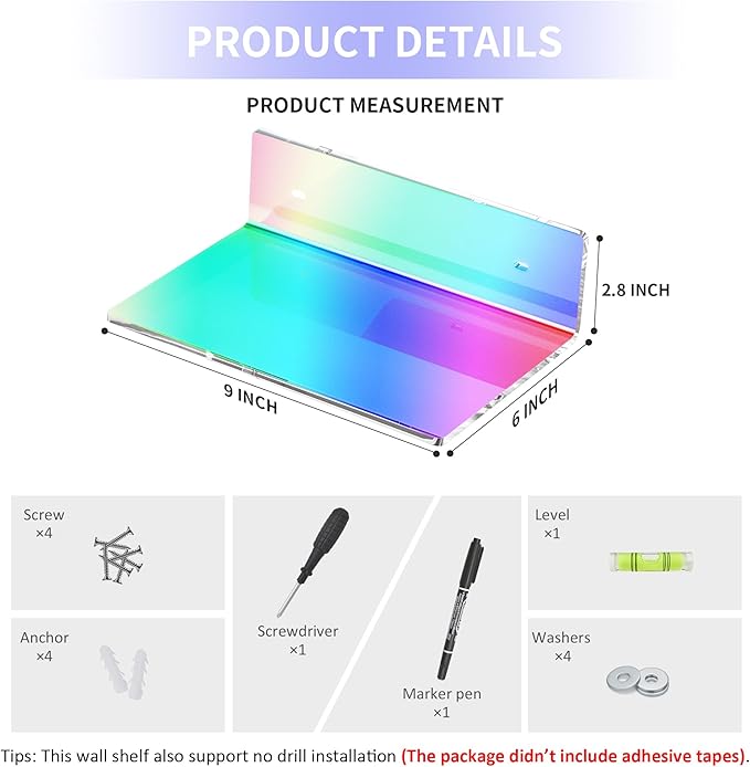 9 Inches Iridescent Floating Shelves Acrylic, White Wall Shelves for Living Room Décor, Bedroom, Bathroom, Kitchen, Dining Room, Brand Store, Retails, Gaming Room, 2 Pack-NeatNest