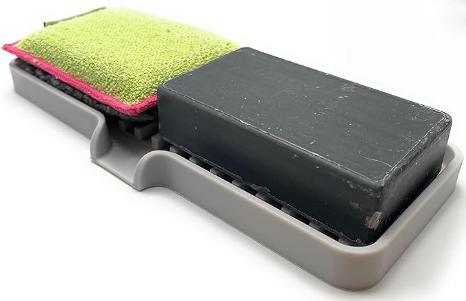 Happitasa Silicone Soap Dish Tray and Sponge Holder with Drain Chute | Bathroom and Kitchen Sink Organizer Caddy (Light Grey, 9"x3.5", 5.6 Ounces)-NeatNest