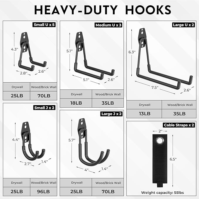 BONTEC Heavy Duty Garage Hooks, Anti-Slip Coated Black Steel with Strong Load Capacity, Multi-Sized U and J Hooks, Easy Wall Mount for Garage, Garden, Workshop (Black, 16 Pack)-NeatNest