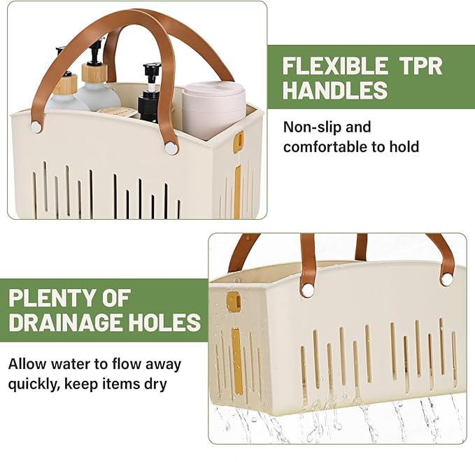 Portable Shower Caddy Collapsible Plastic Shower Basket Tote with Handles Removable Divider, Cleaning Caddy Storage Organizer for Bathroom College Dorm (White)