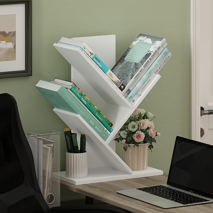 Furinno Tree Bookshelf 3-Tier Floor Standing Tree Bookcase, White-NeatNest