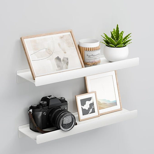 Floating Shelves for Wall, Wall Mounted Shelves with Lip for Storage, Metal Display Shelves for Home Decor, Kitchen/Living Room/Bedroom/Bathroom Shelf, White 16 inch 2 Pack-NeatNest