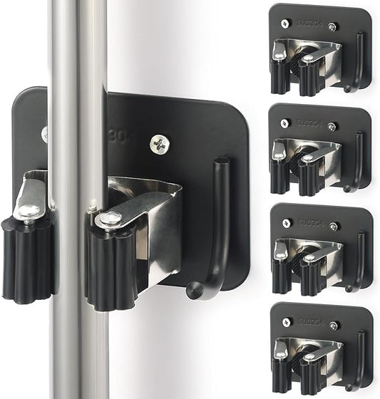 Broom Holder Wall Mount Screw Drilling, Sturdy Heavy Duty Stainless Steel Mop Gripper Rack Perforated, Perfect for Laundry Room Organizer, Fit with Laundry Kitchen Garage Garden Storage System-NeatNest