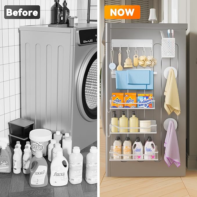 Heavy Duty Magnetic Shelves for Washer Dryer & Refrigerator - 11LB No-Slip Laundry Organizer, Rust-Proof Fridge Spice Rack with Hooks (8 Pack, White)