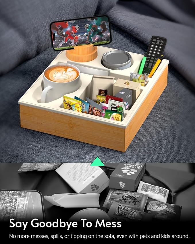 Couch Cup Holder Tray - Couch Organizer Caddy, Silicone Beach Caddy with Cup Holder, Sofa and Bed Drink Holder and Couch Tray Table for Snacks Beverage Remote (Beige)-NeatNest