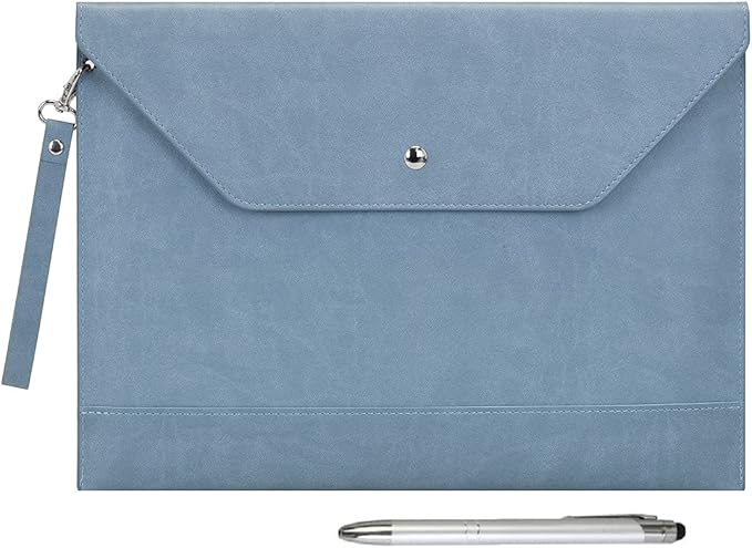 Wonderpool Envelope Case A4 PU Leather File Jacket Pocket Folder Document Case Bag with Removable Hand Strap and 4 Pocket for Documents Tablet Phone Stationery (Sky Blue)