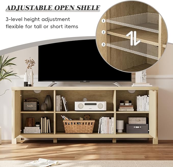 Fluted TV Stand for TVs up to 65'',Mid Century Modern Entertainment Center with Adjustable Shelves, Wood Media TV Console Cabinet with Fluted Doors for Living Roon Bedroom Natural LTV90Y-NeatNest