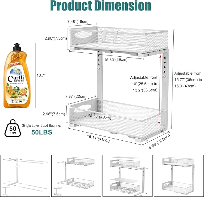 Under Sink Organizer, 2 Tier Metal Pull Out Under Sink Storage with Sliding Mesh Drawers, Height Adjustable Slide Out Under Sink Organizer Shelf for Kitchen Bathroom Cabinet, White-NeatNest