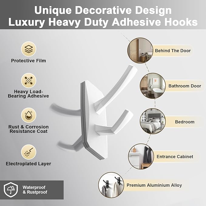 INVIHUG, Large Size Modern Adhesive Wall Hooks, Heavy Duty RV Hooks for Hanging Jacket, Coat, Towel, Robe, Loofah in Bathroom, Kitchen and Office Wall Mount (2 Packs, White)