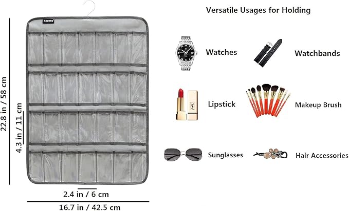 Hanging Watch Band Organizer Watch Bands Straps Accessories Holder Watches Storage Display Case with 28 Clear Pockets (GREY)-NeatNest