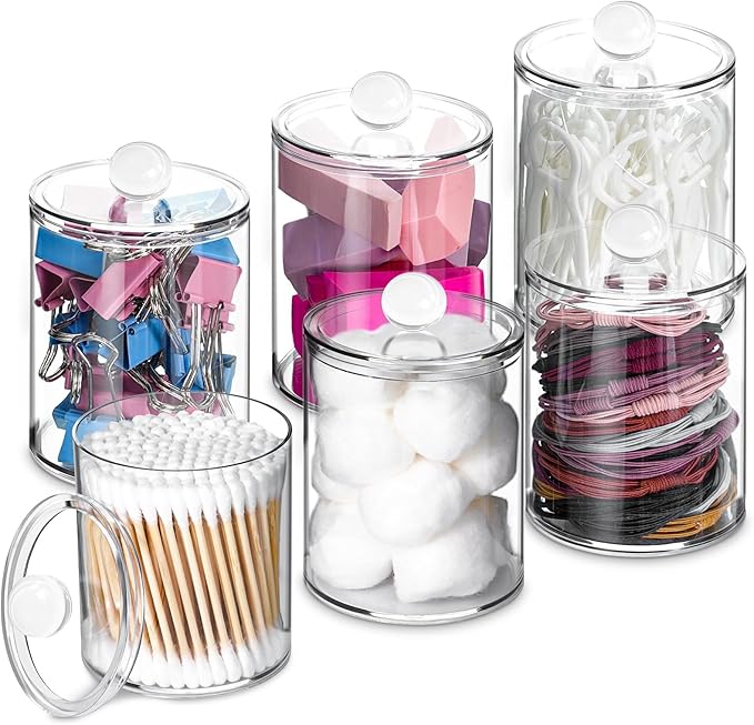 6 Pack Qtip Holder, Apothecary Jars Holder Dispenser, Bathroom Jars with Lids Set for for Cotton Swabs, Balls, Pads, Floss Picks,10oz-12oz Plastic Canisters(Clear)