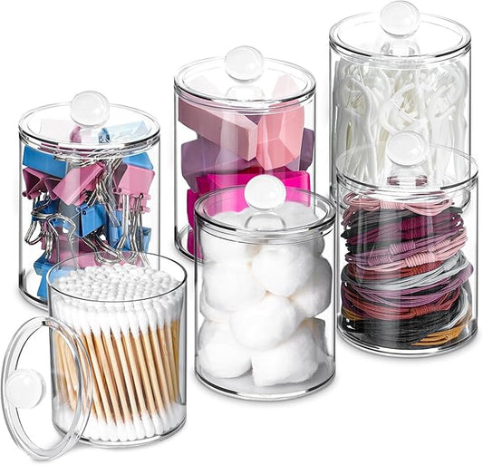 6 Pack Qtip Holder, Apothecary Jars Holder Dispenser, Bathroom Jars with Lids Set for for Cotton Swabs, Balls, Pads, Floss Picks,10oz-12oz Plastic Canisters(Clear)
