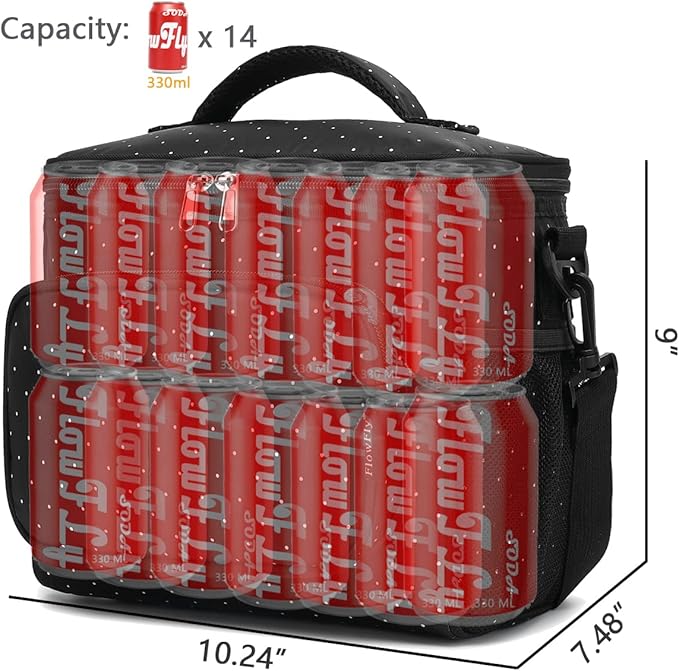 FlowFly Insulated Reusable Lunch Bag Adult Large Lunch Box for Women and Men with Adjustable Shoulder Strap,Front Zipper Pocket and Dual Large Mesh Side Pockets,Dot-NeatNest